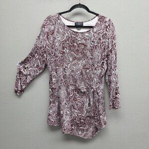 Liz Claiborne Shirt Womens XL Red Paisley Side Tie 3/4 Sleeve Tunic Top